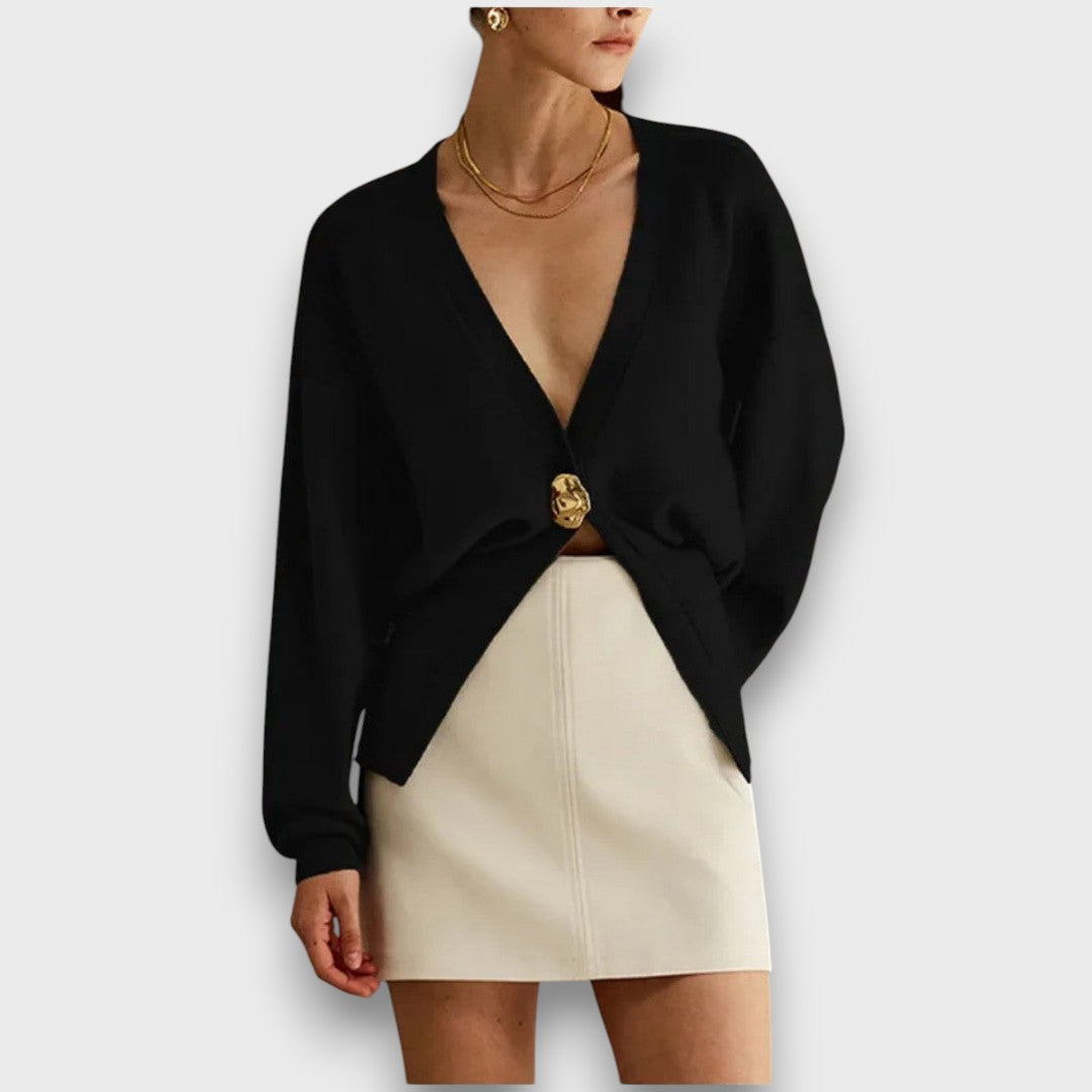 Enea – Tiefer V-Ausschnitt Cardigan mit Goldknopf Emma Fioretti