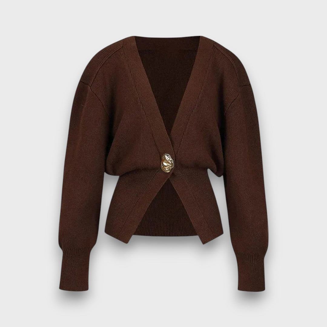 Enea – Tiefer V-Ausschnitt Cardigan mit Goldknopf Emma Fioretti