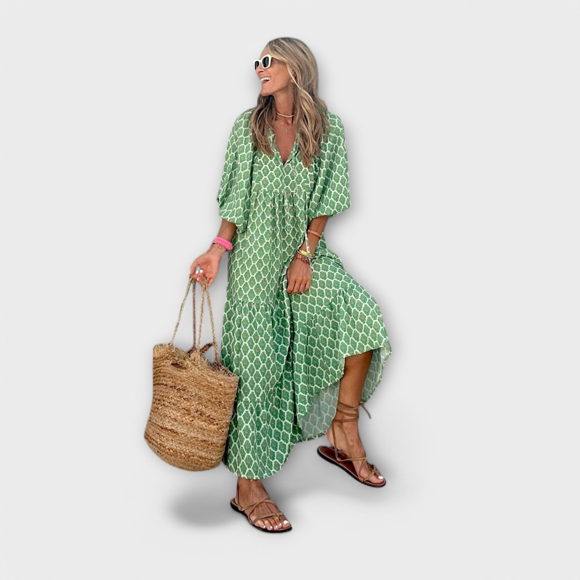 Camila – Maxikleid mit Retro-Print und Statement-Schnitt