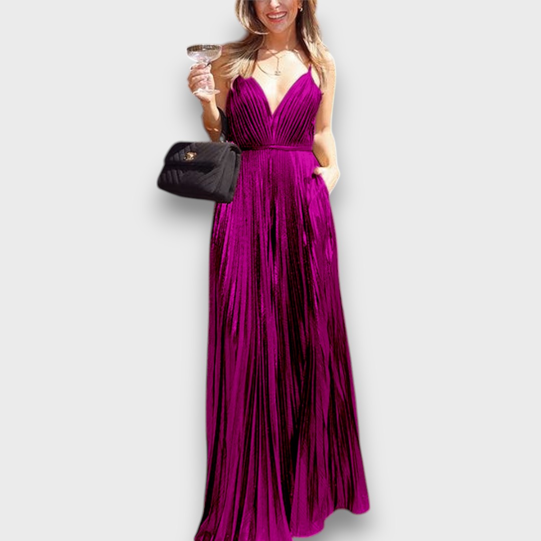 Aurora – Goldenes Plisseekleid mit tiefem Ausschnitt - Emma Fioretti