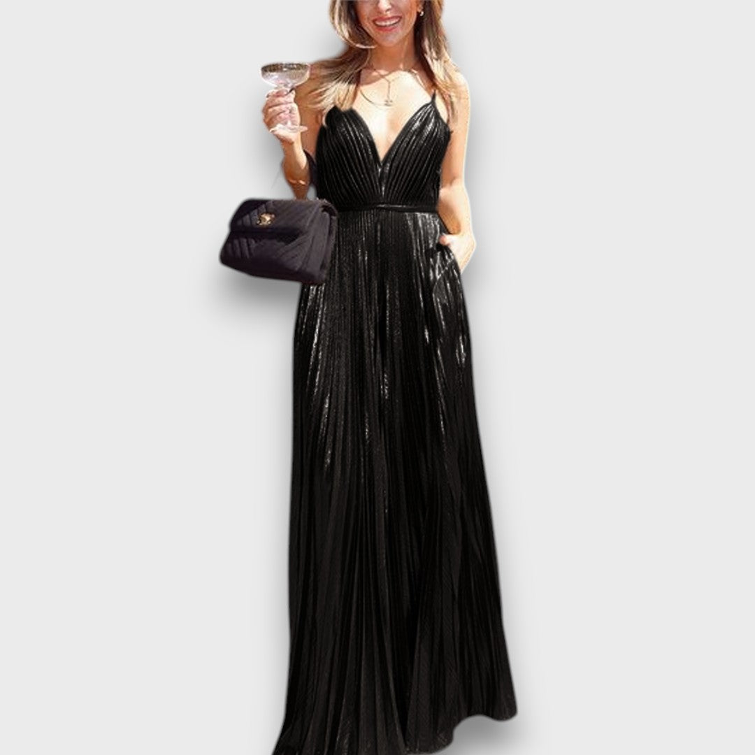 Aurora – Goldenes Plisseekleid mit tiefem Ausschnitt - Emma Fioretti