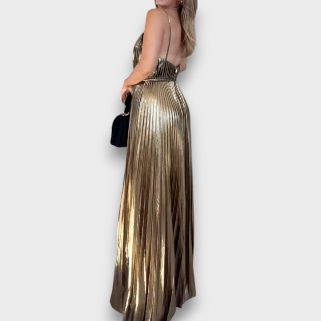 Aurora – Goldenes Plisseekleid mit tiefem Ausschnitt - Emma Fioretti