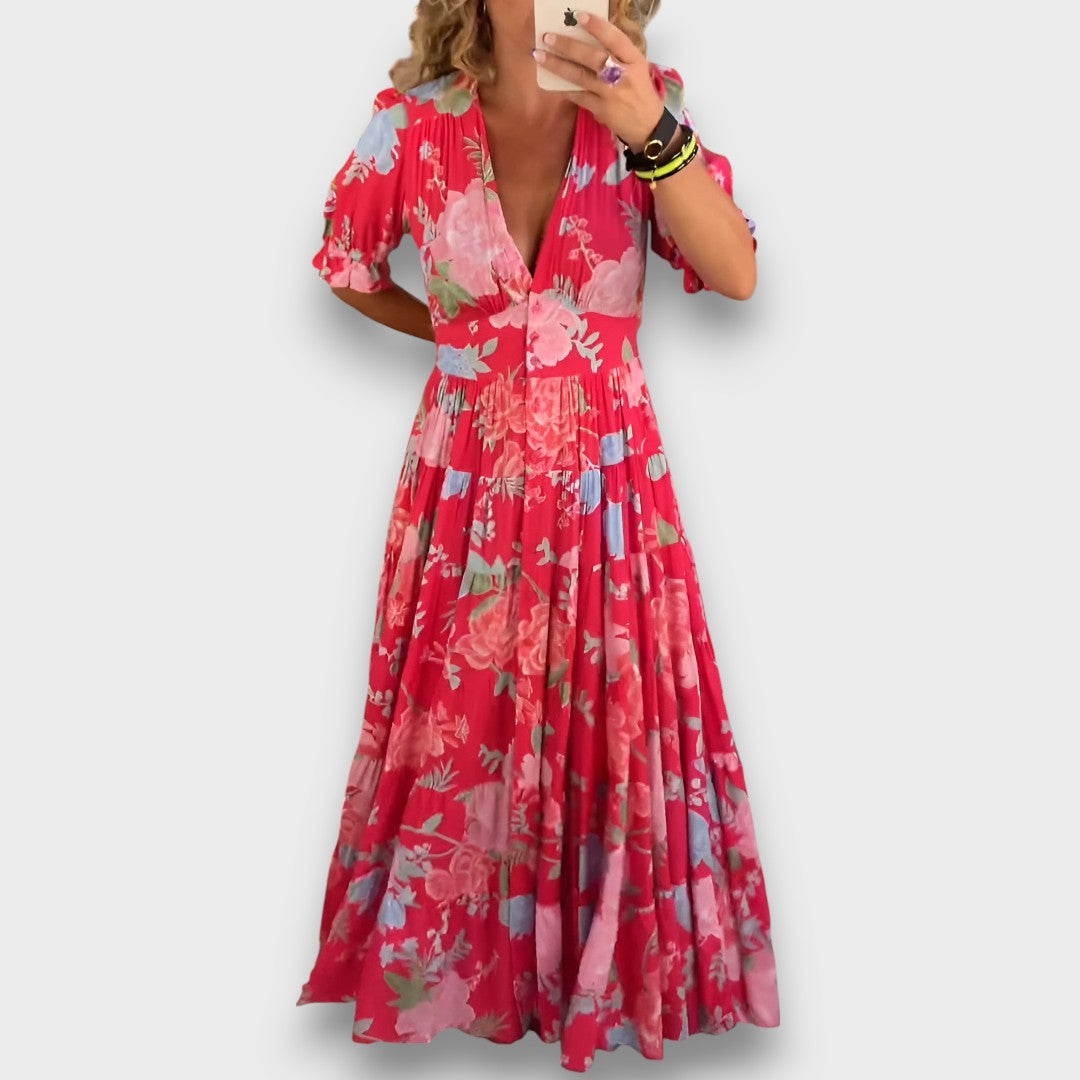 Carine – Blumiges Maxikleid mit V-Ausschnitt Emma Fioretti