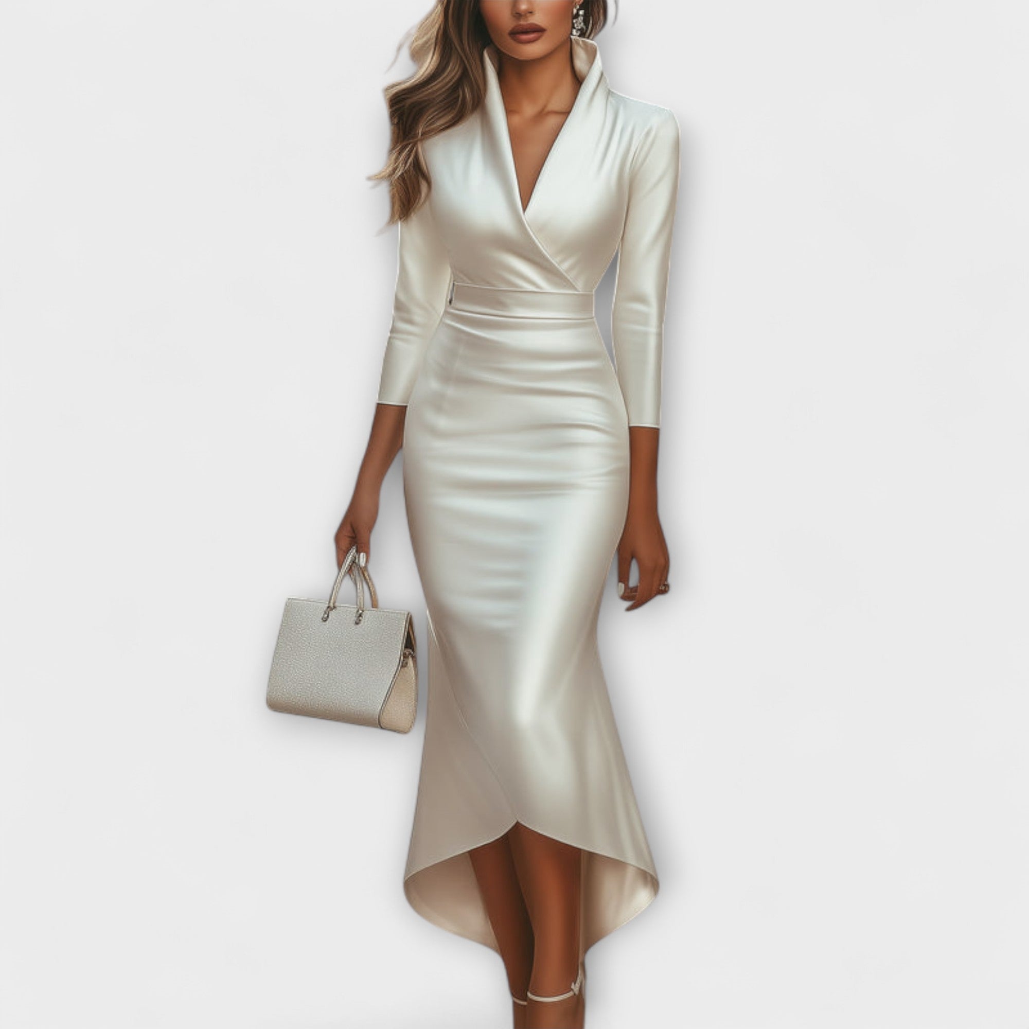 Danira – Asymmetrisches Satin-Wickelkleid mit Stehkragen